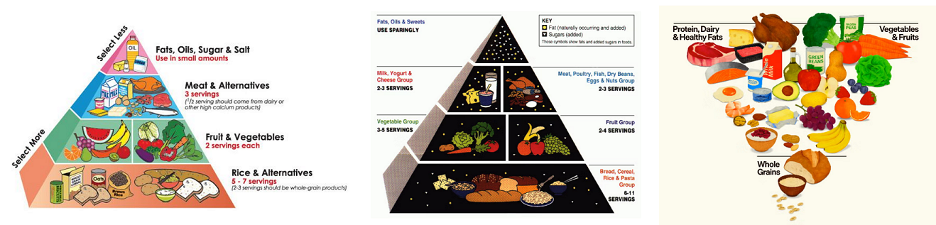 Comparison of historical U.S. food pyramid nutrition advice